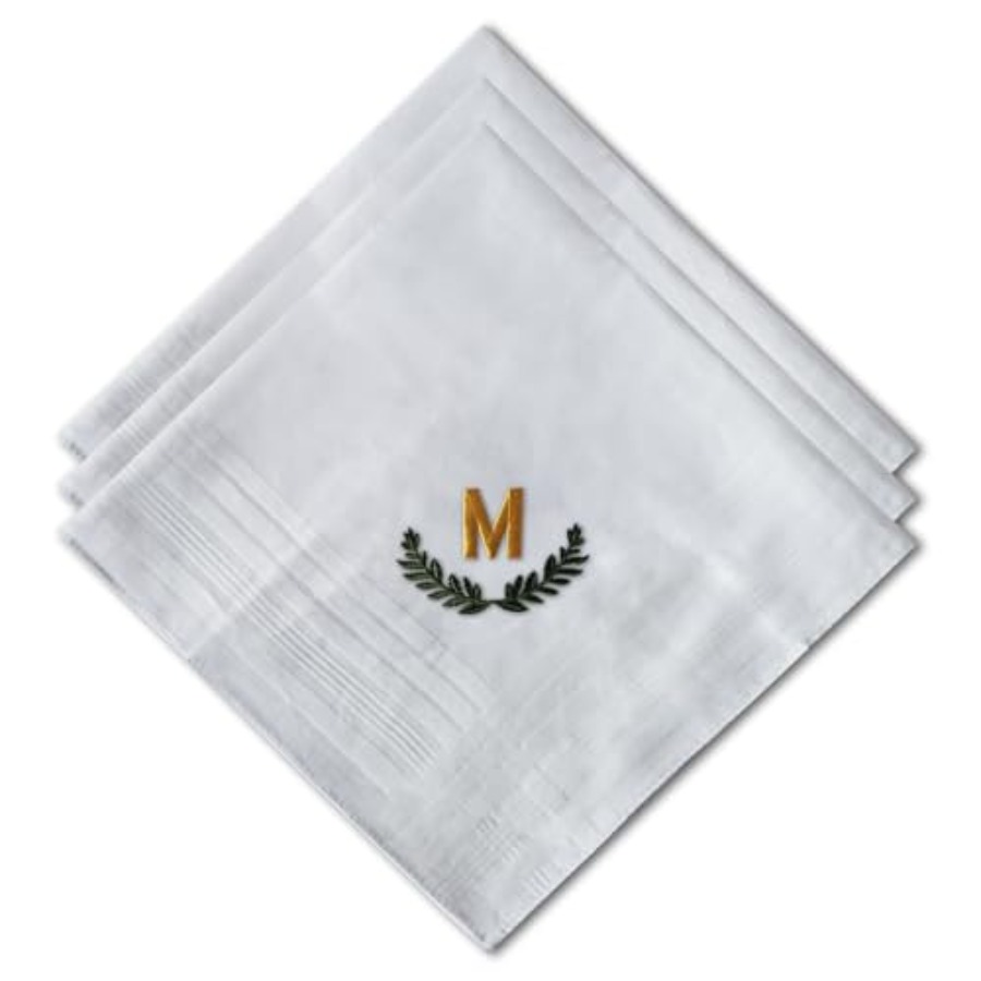 Monogrammed Handkerchief - 3 Pcs Men's Handkerchiefs, White Embroidered