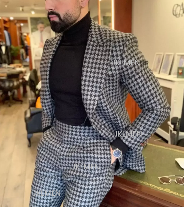 Men Formal Wear Pants - Houndstooth Mens Suits 2PCS Wedding Tuxedos
