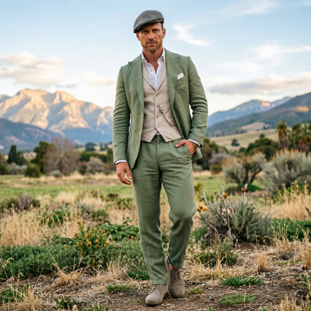 Sage Green Linen Men 3 Piece S - مراجعة Men Formal Wear For Summer وسعره